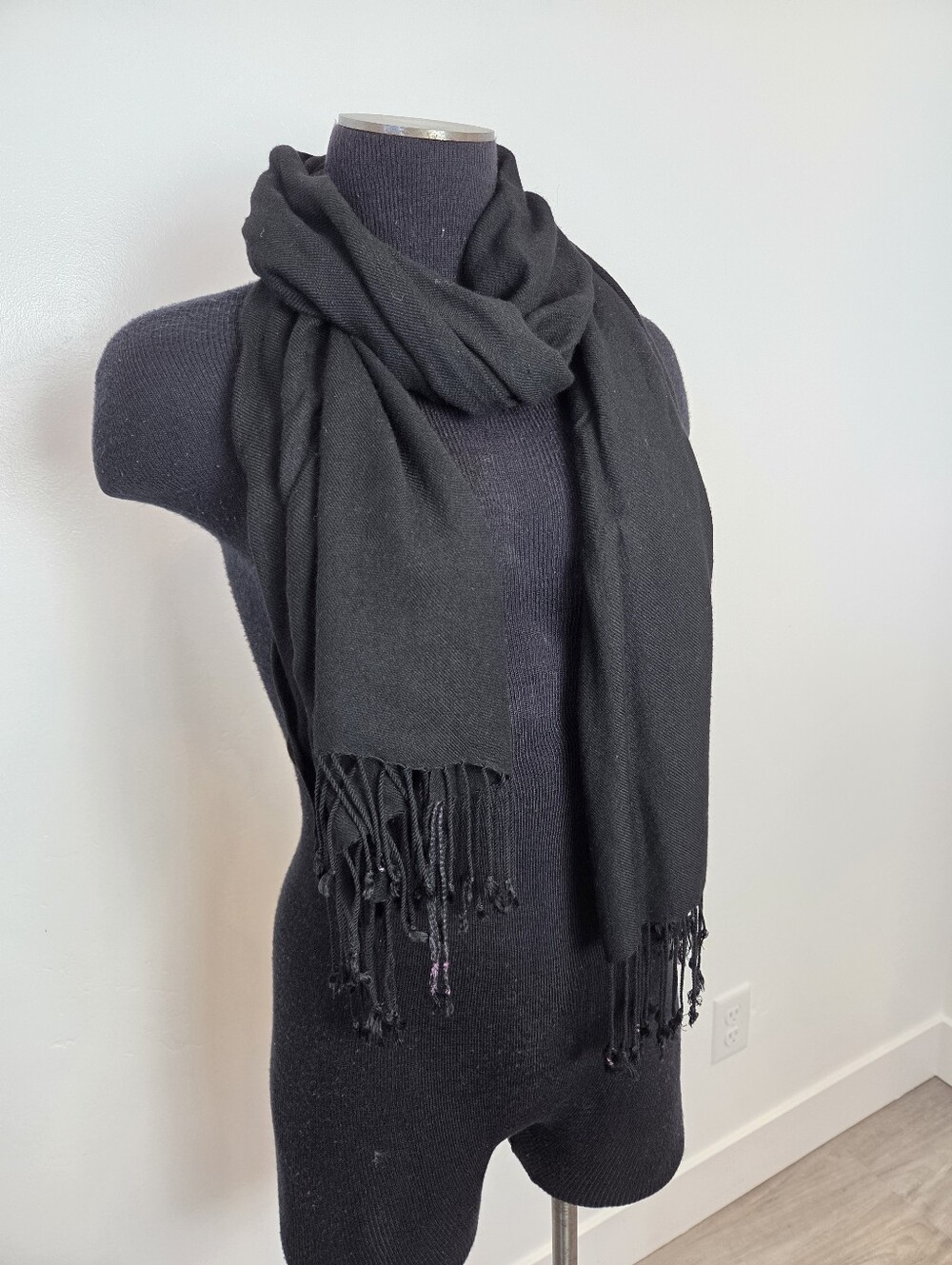 Black Fringe Trim Scarf Rectangle Classic Lightweight Academia Whimsigoth Unisex